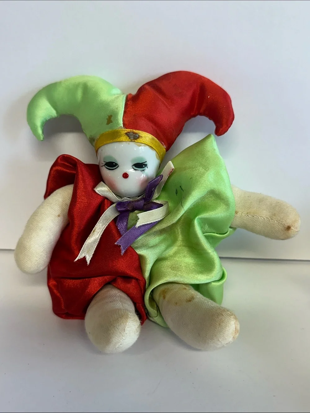 Green and Red Jester Plush Doll with Porcelain Face